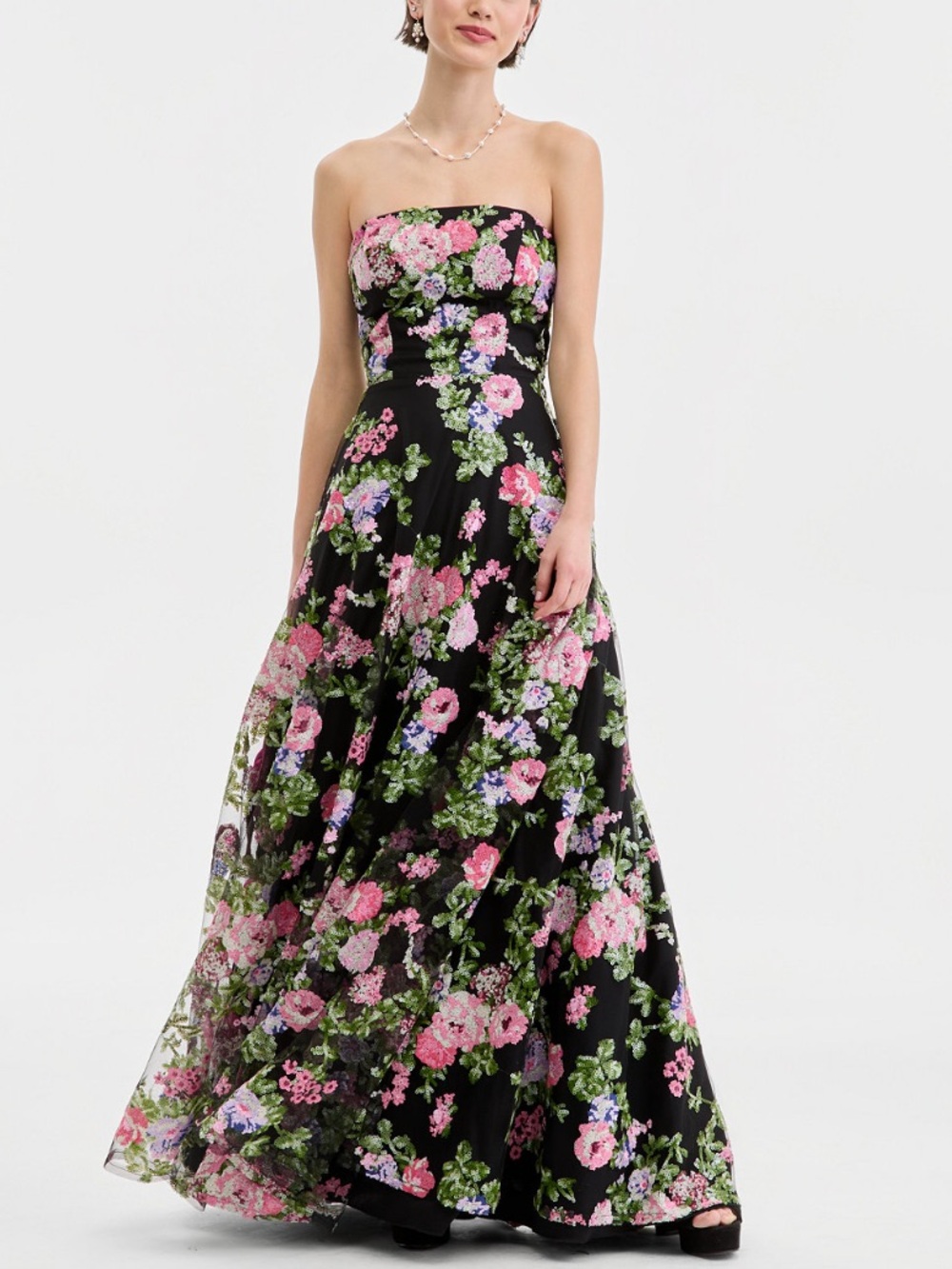 Black Floral Strapless Sequin Dress with Lace-Up Detail